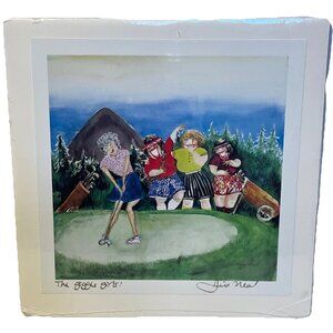 Jill Haney Neal Giggle Girls Signed Print 1996 8.5" x 8.5" Animated Art Golf